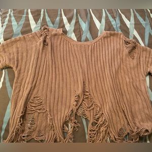 Tan shredded short sleeve sweater crop top